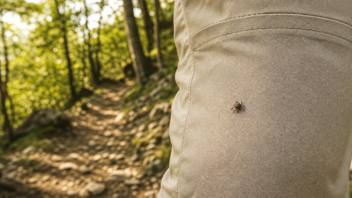 Una zecca sulla superficie di pantaloni da trekking chiari, lungo un sentiero nel bosco