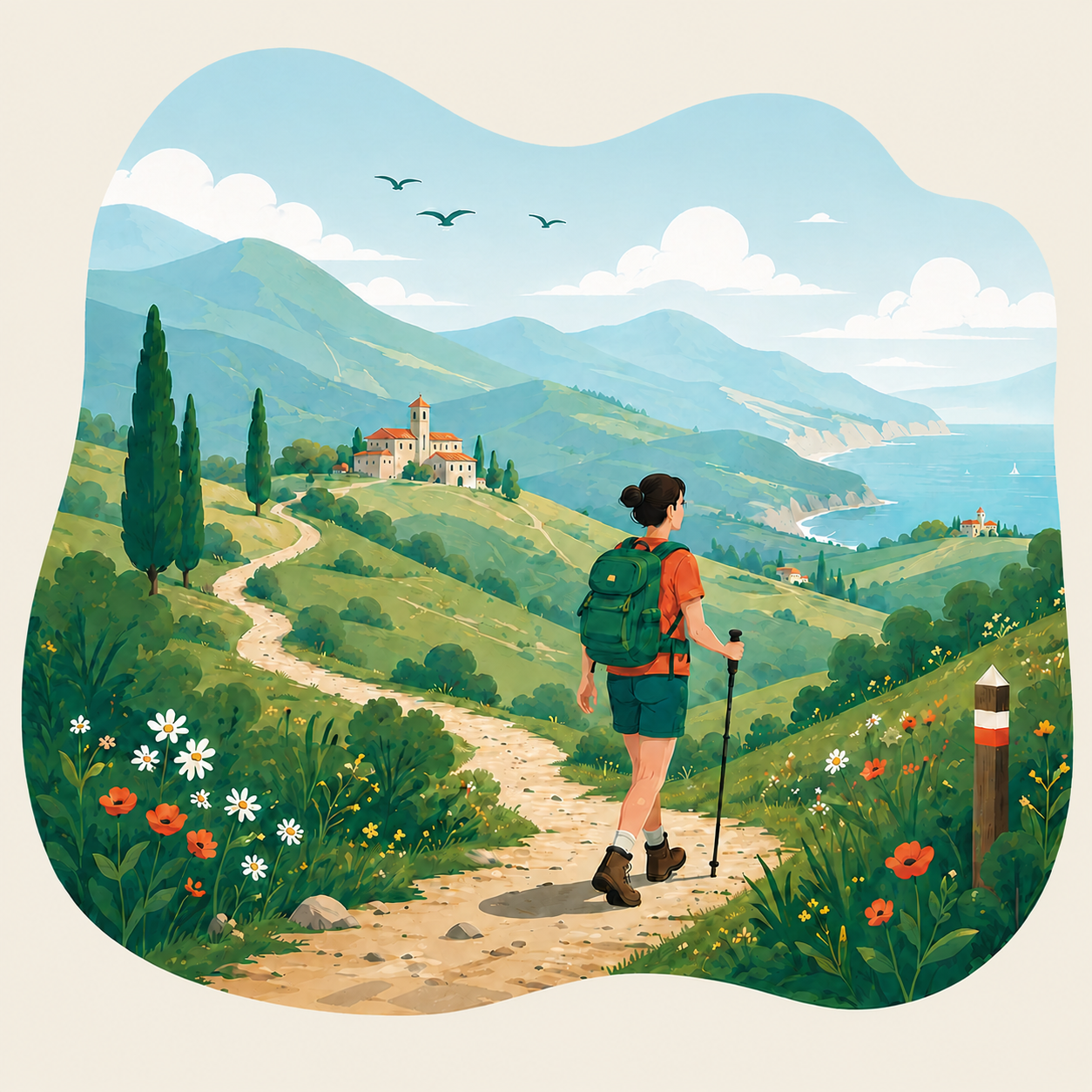 Camminatrice su un sentiero tra le colline e la costa d’Italia